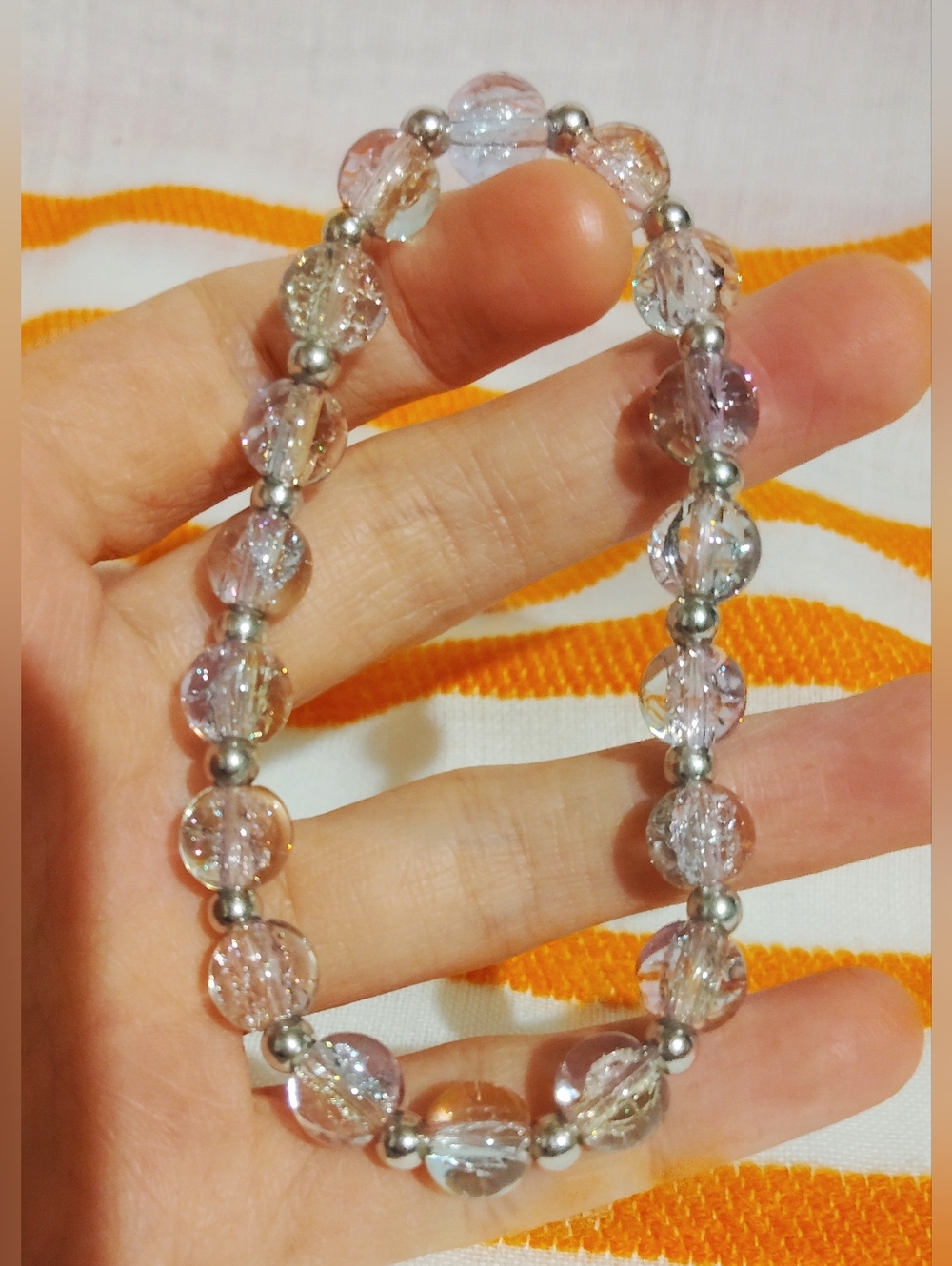 Handmade Glass Bracelet. Cotton Candy. Blue Pink On Clear Glass. Size 7''